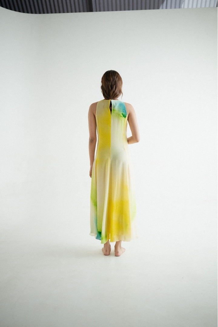Sleeveless 8 Kali Dress with Embroidery and Print Yellow Shade