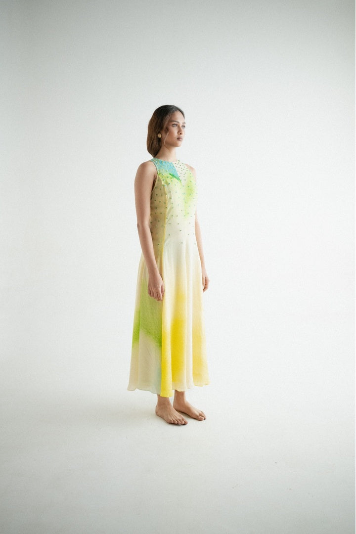 Sleeveless 8 Kali Dress with Embroidery and Print Yellow Shade