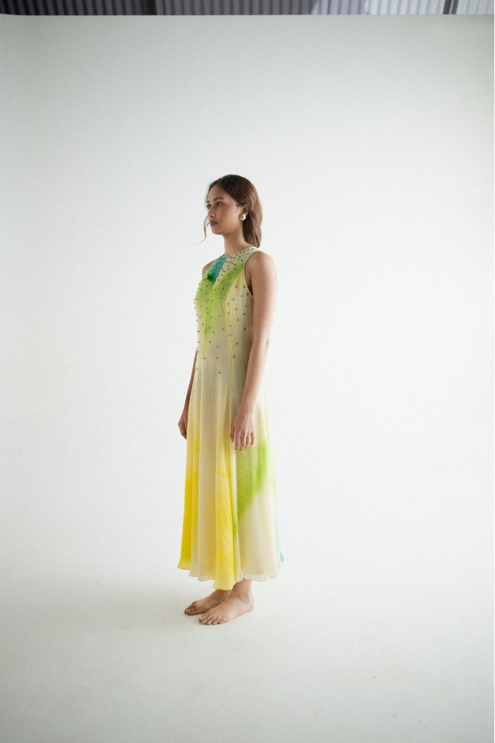 Sleeveless 8 Kali Dress with Embroidery and Print Yellow Shade