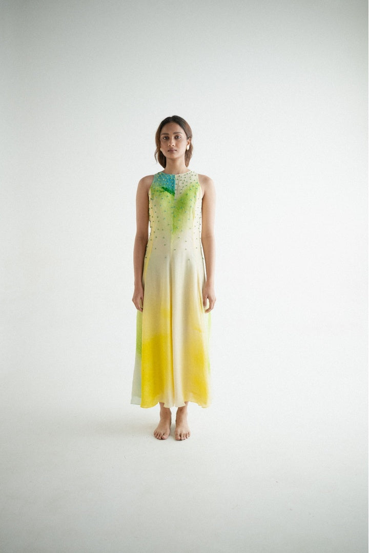 Sleeveless 8 Kali Dress with Embroidery and Print Yellow Shade
