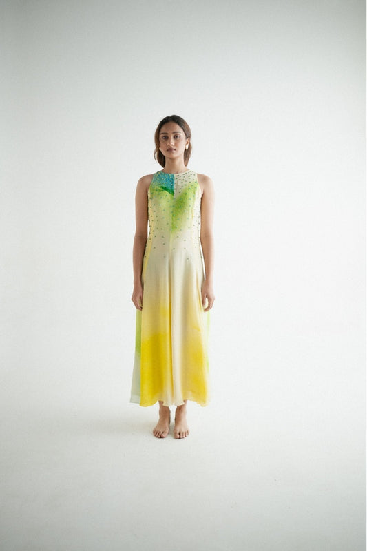 Sleeveless 8 Kali Dress with Embroidery and Print Yellow Shade