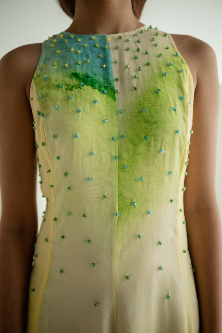 Sleeveless 8 Kali Dress with Embroidery and Print Yellow Shade