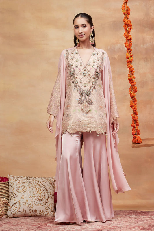 Kashi Gulab Hand Embroidered Banarasi Sharara Set