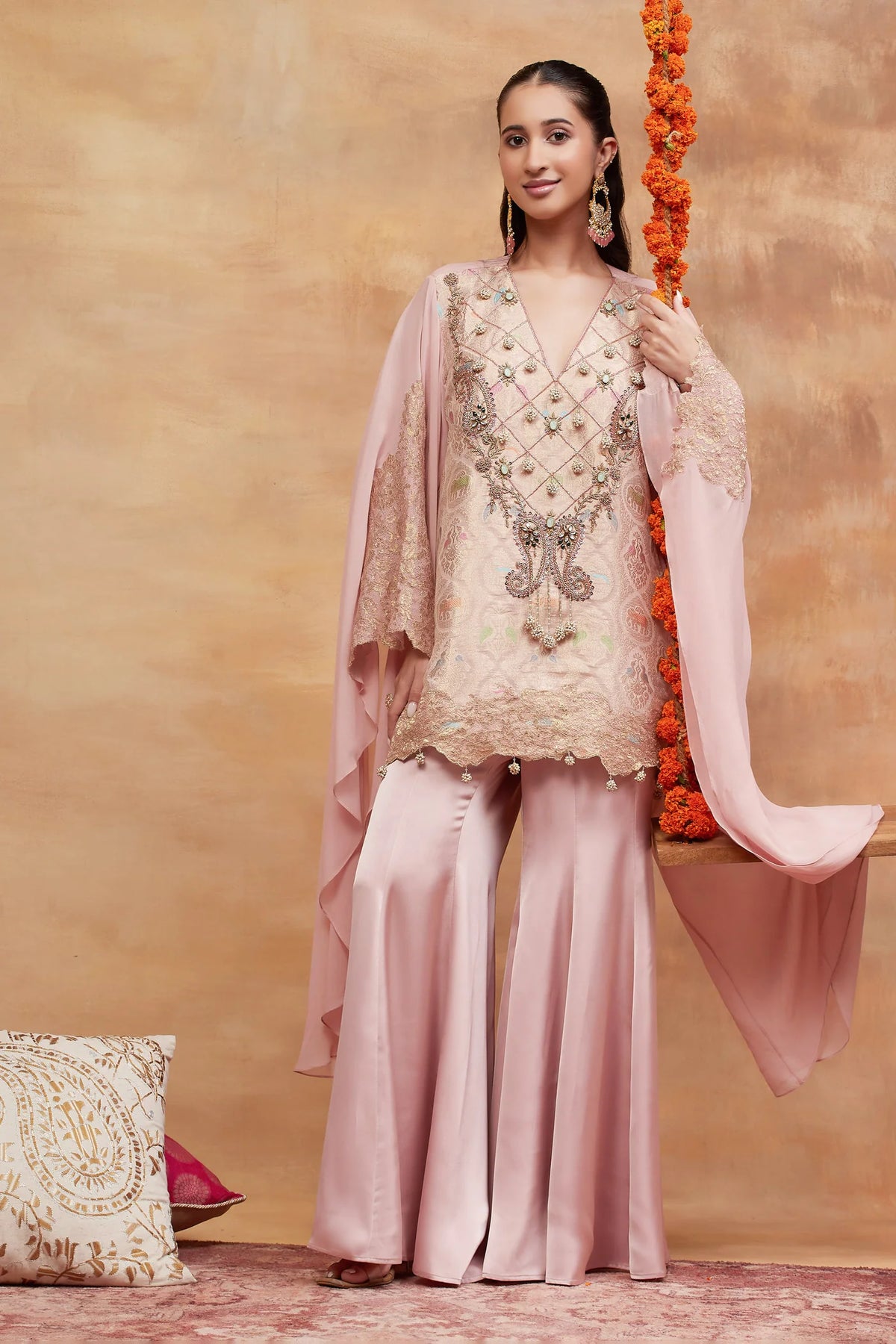 Kashi Gulab Hand Embroidered Banarasi Sharara Set
