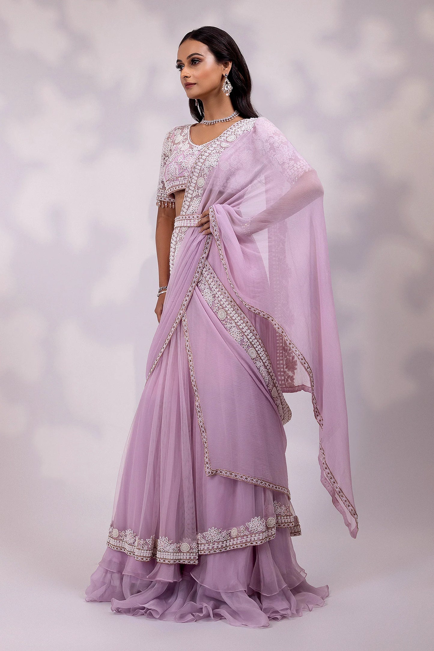 Lavender Embroidered Saree with Matching Blouse