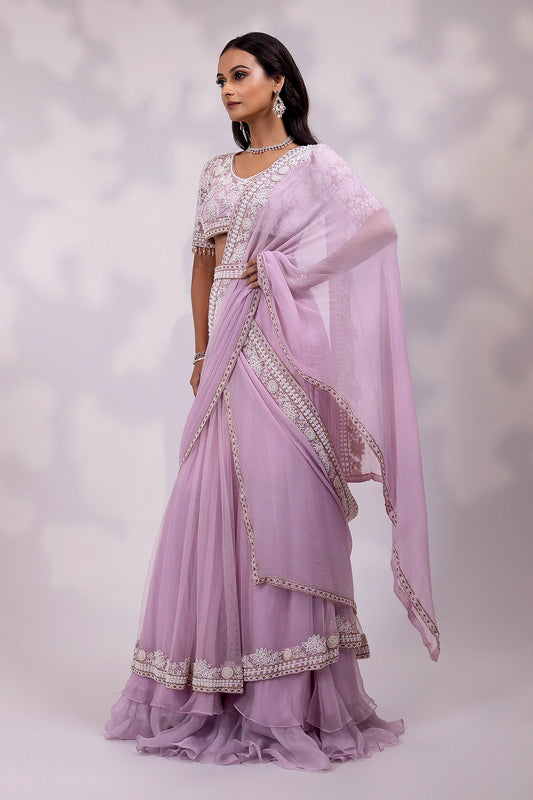 Lavender Embroidered Saree with Matching Blouse