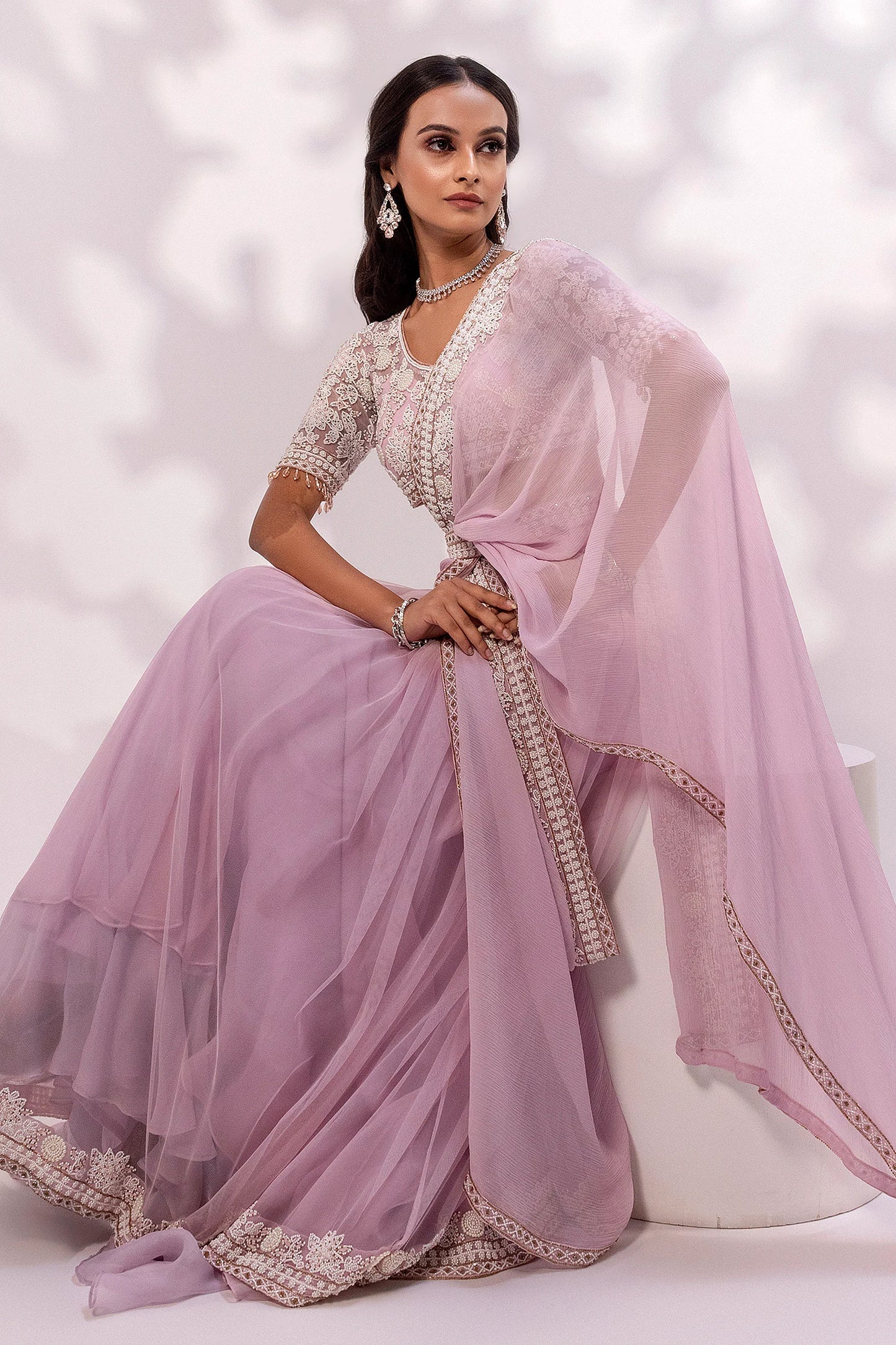 Lavender Embroidered Saree with Matching Blouse