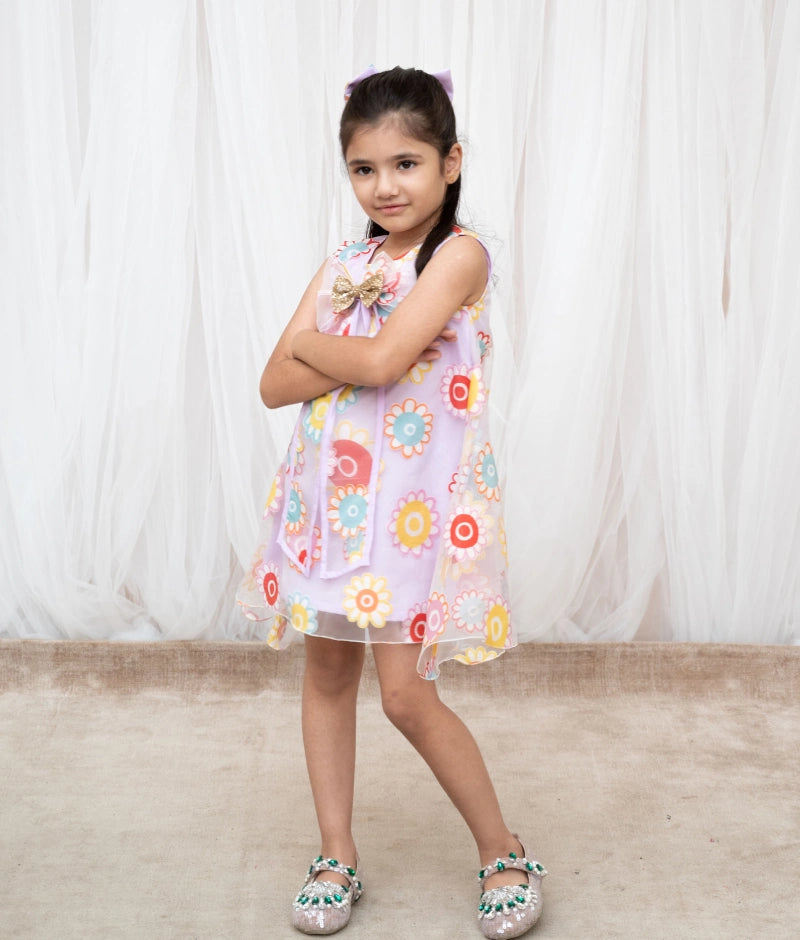 Lilac Flower Printed Organza Dress