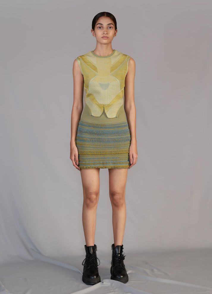 Lime Knitted Panel Skirt and Top