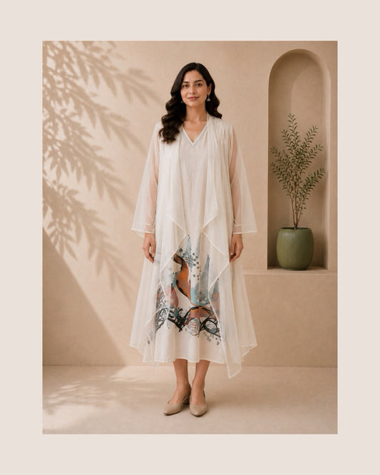 Linen Printed Dress with Organza Layering