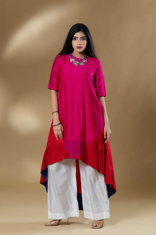 Magenta Pink Bemberg Silk Block Patterned Co-ord