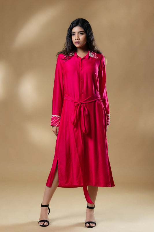 Magenta Pink Bemberg Silk Pearl Embroidered Long Dress