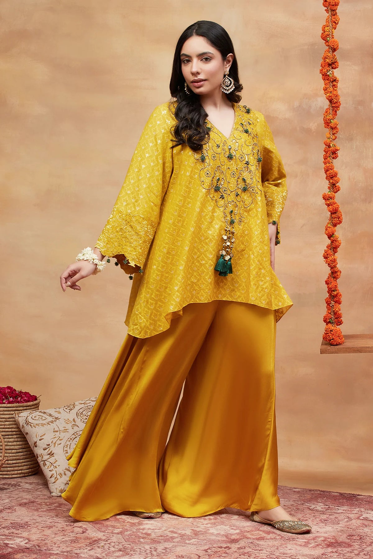 Mansarovar Genda Hand Embroidered Banarasi Flared Pant Set