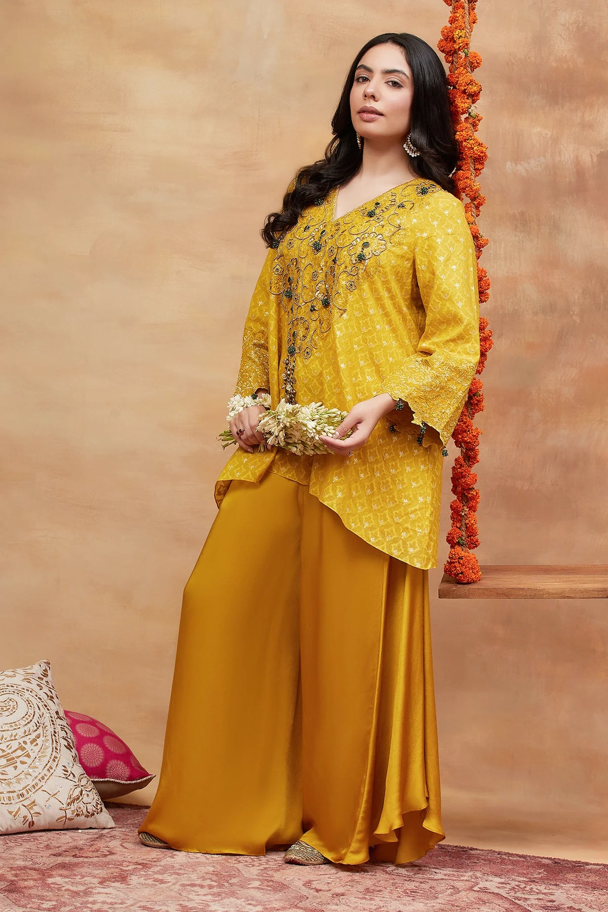 Mansarovar Genda Hand Embroidered Banarasi Flared Pant Set