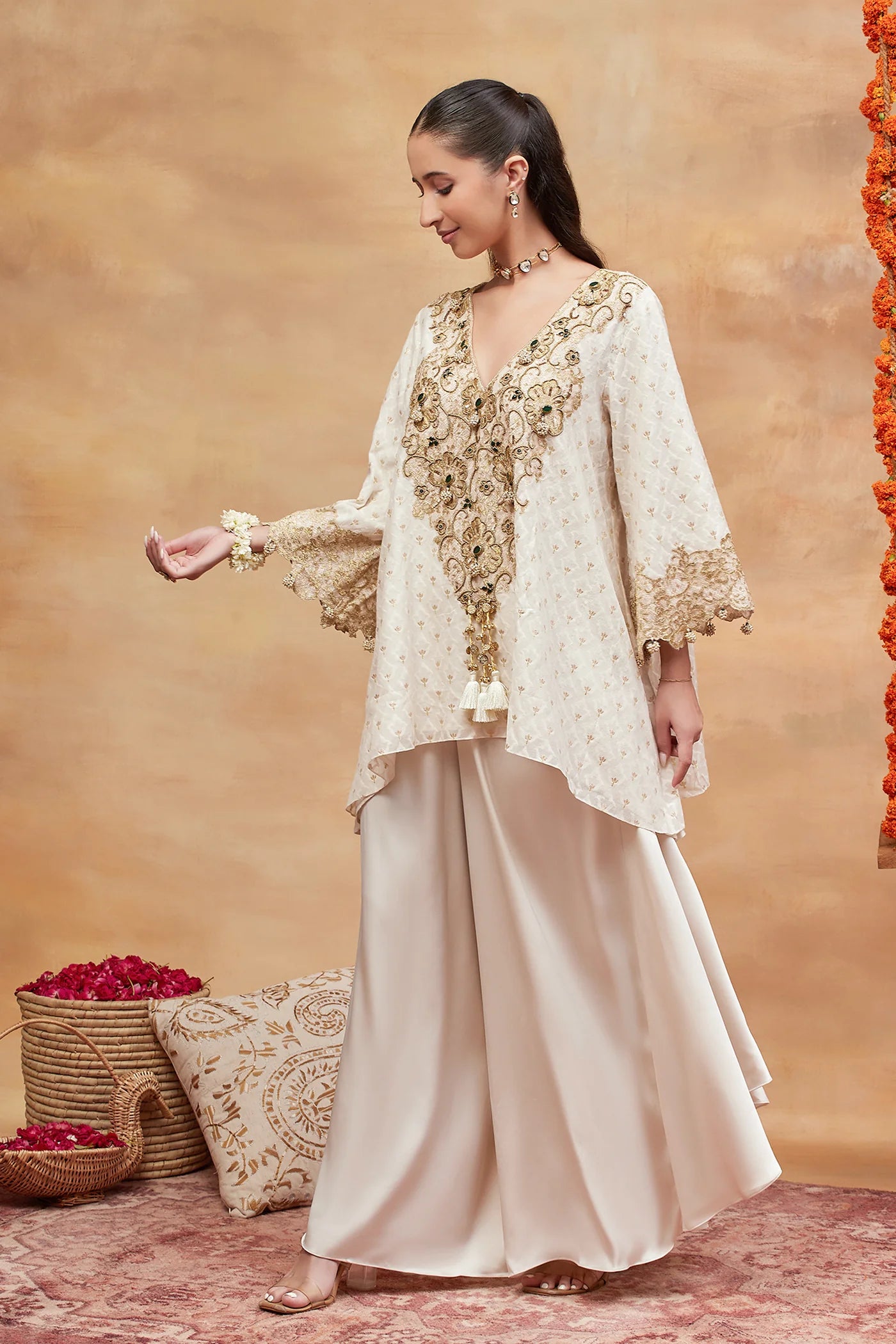 Mansarovar Ivory Hand Embroidered Banarasi Flared Pant Set