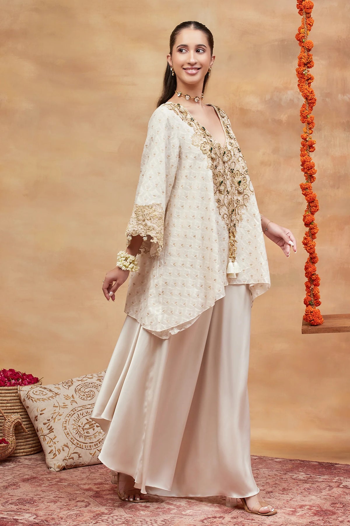 Mansarovar Ivory Hand Embroidered Banarasi Flared Pant Set