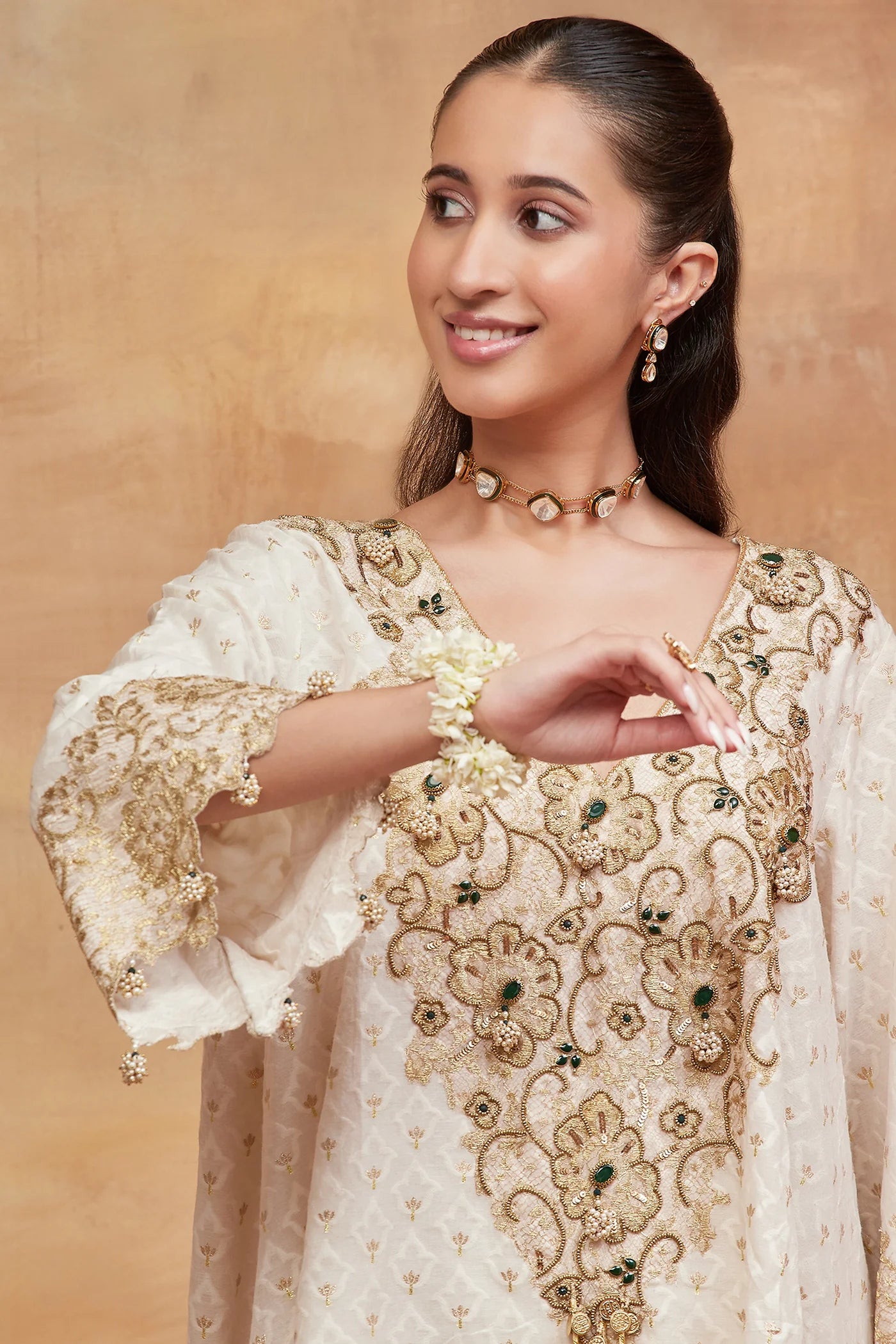 Mansarovar Ivory Hand Embroidered Banarasi Flared Pant Set