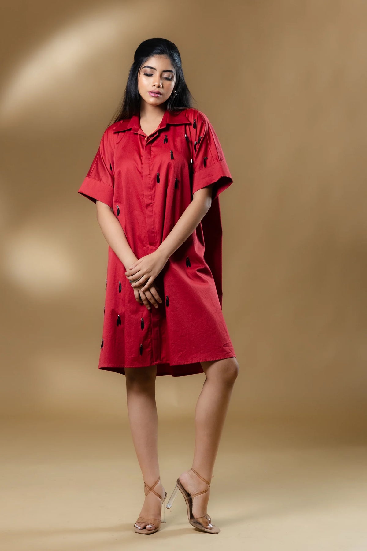 Maroon Italian Cotton Black Eye Stone Short Dress