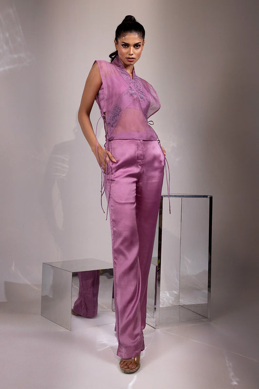 Mauve Embroidered Side-Tie Sheer Set