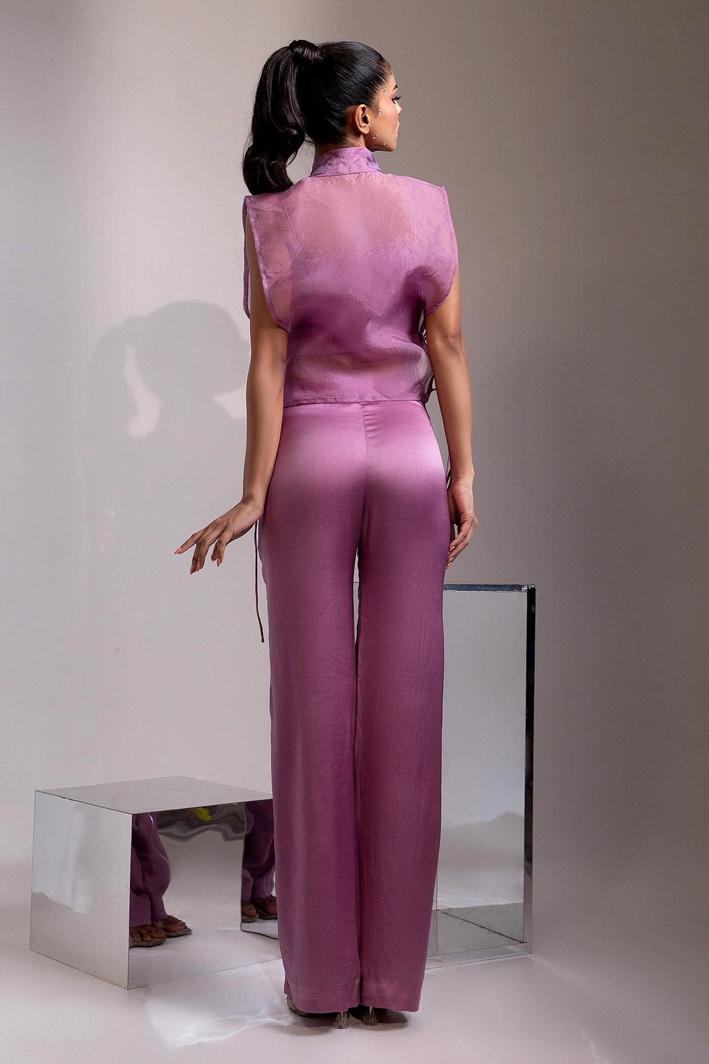 Mauve Embroidered Side-Tie Sheer Set