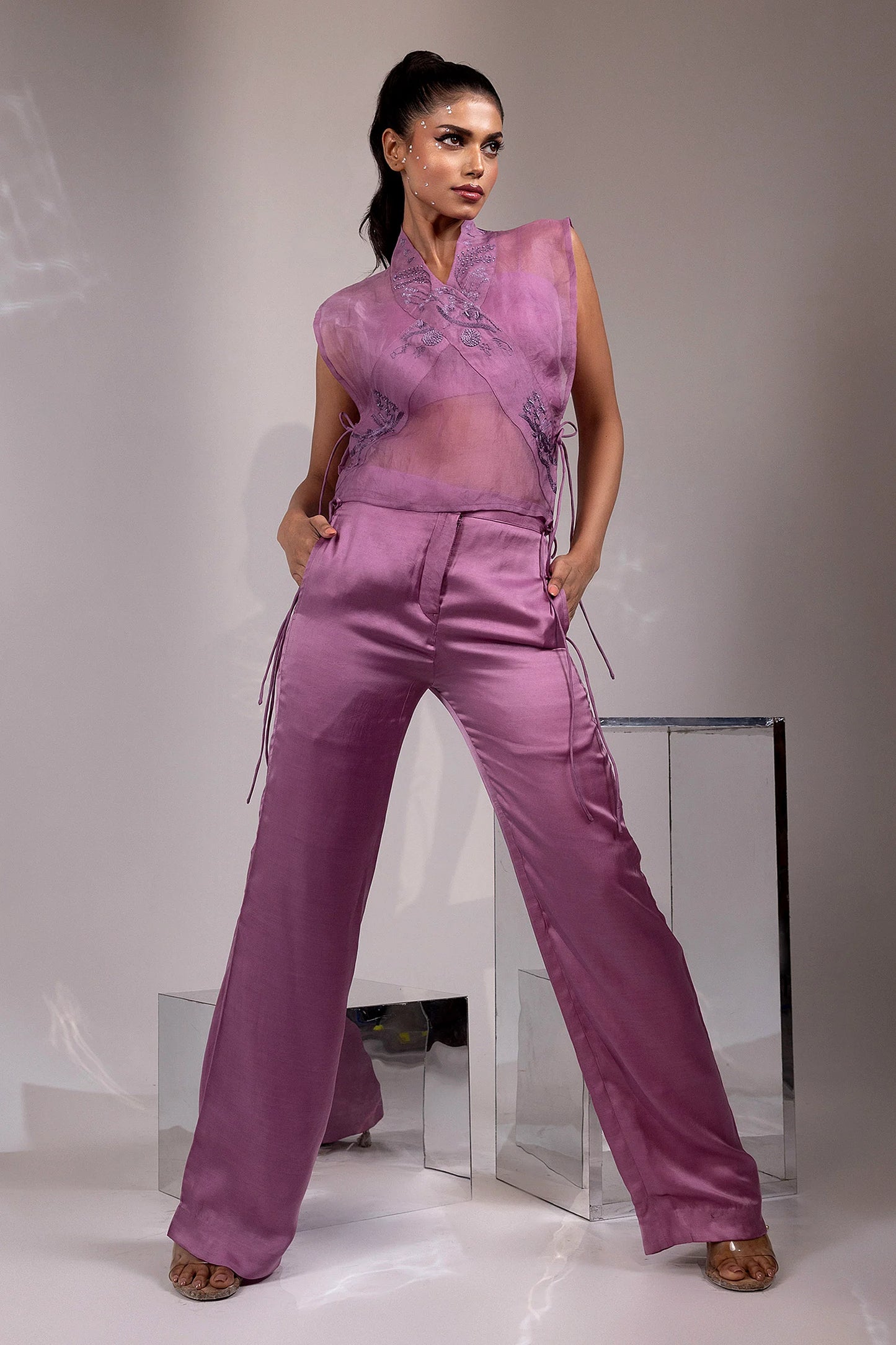 Mauve Embroidered Side-Tie Sheer Set
