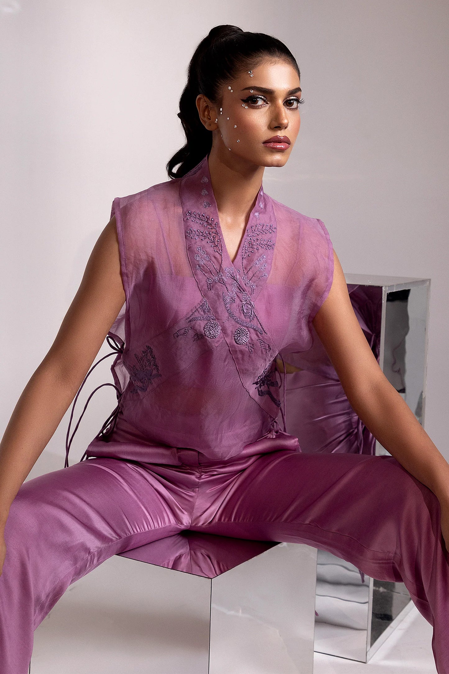 Mauve Embroidered Side-Tie Sheer Set