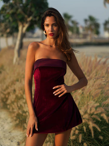 strapless open back dress Merlot Mystique Red Velvet Mini Dress by House of Pinks – The Outfit Club