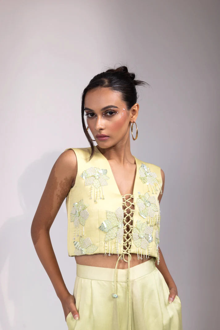 Mint Green Hand-Embroidered Lace-Up Co-ord Set