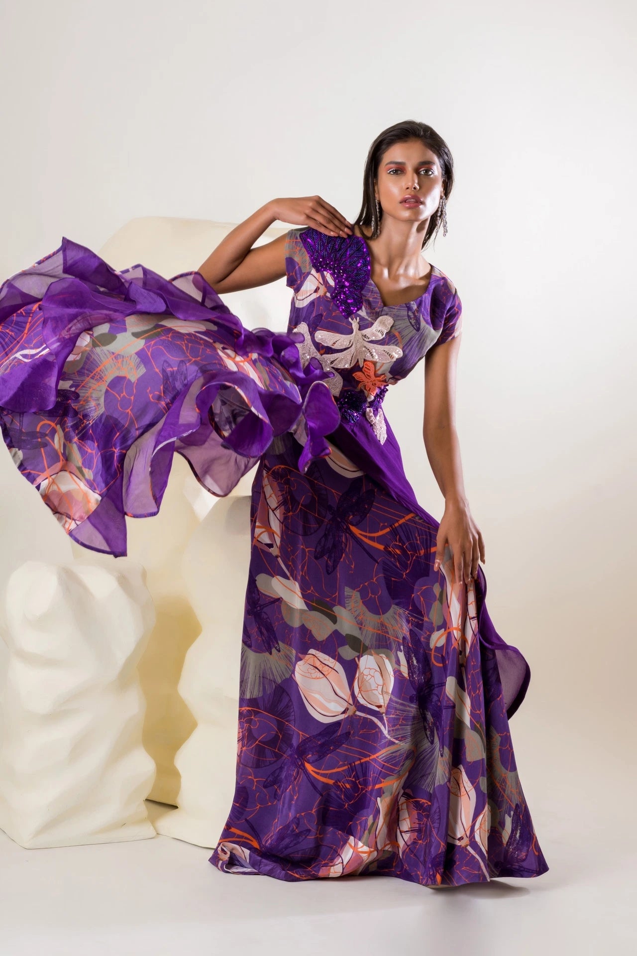 Printed Embroidered Ruffle Gown