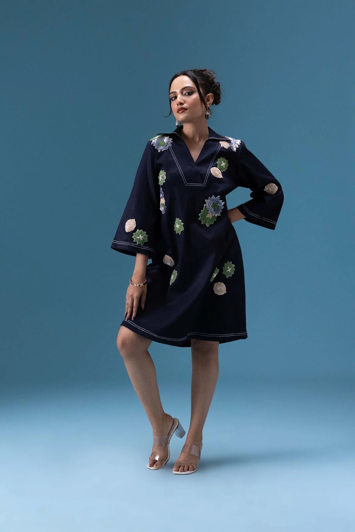 Navy Denim Appliqué Dress