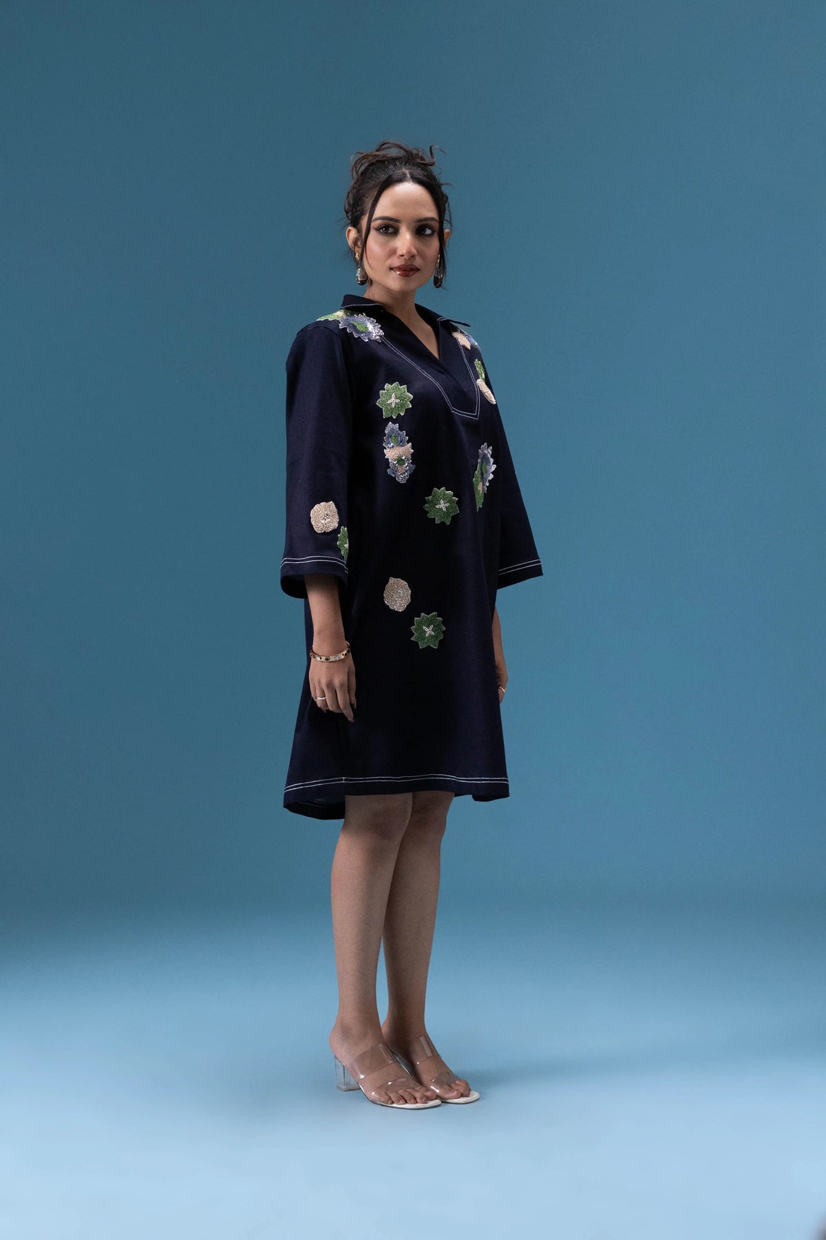 Navy Denim Appliqué Dress