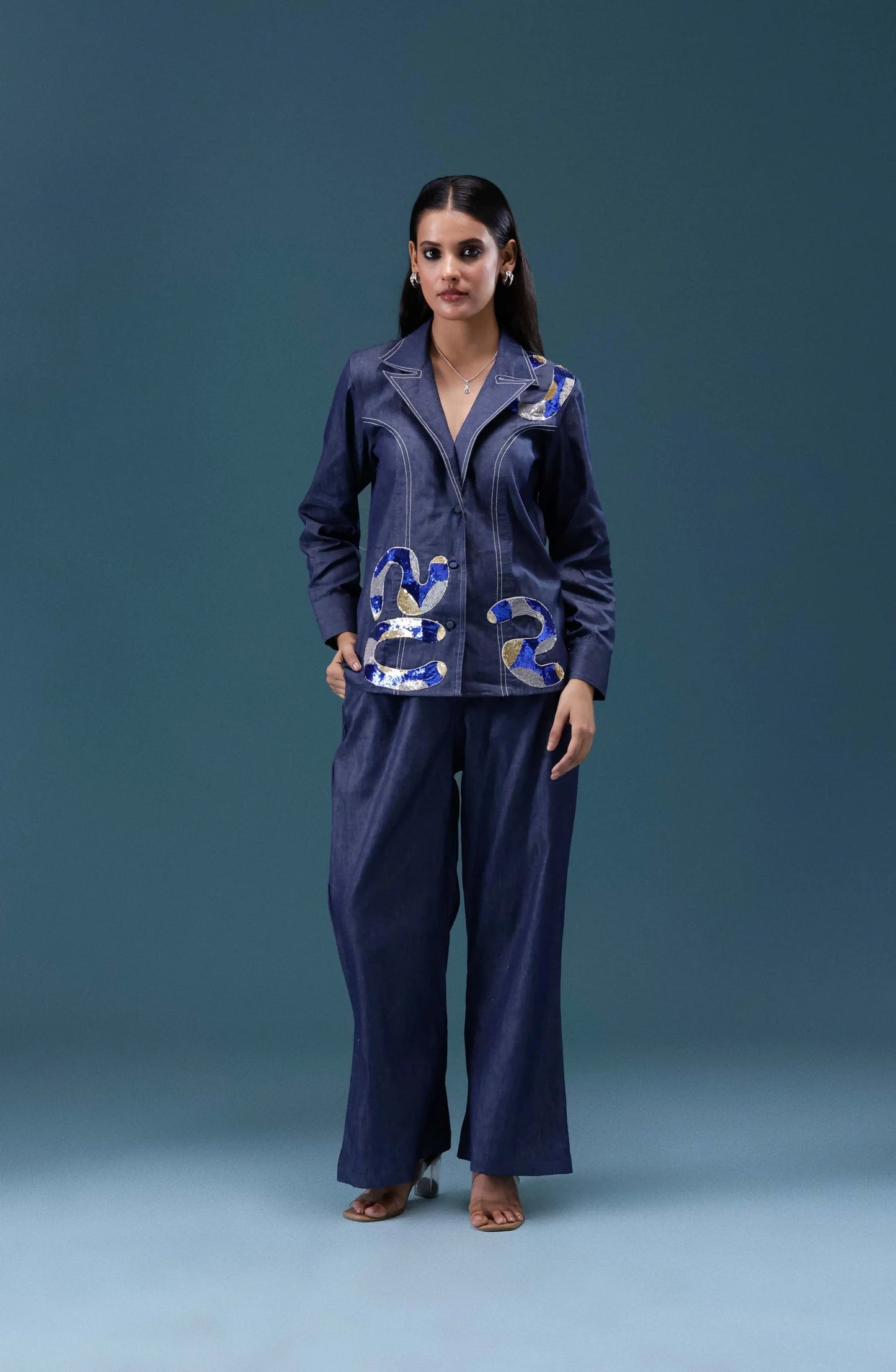 Navy Denim Embellished Co-ord Set