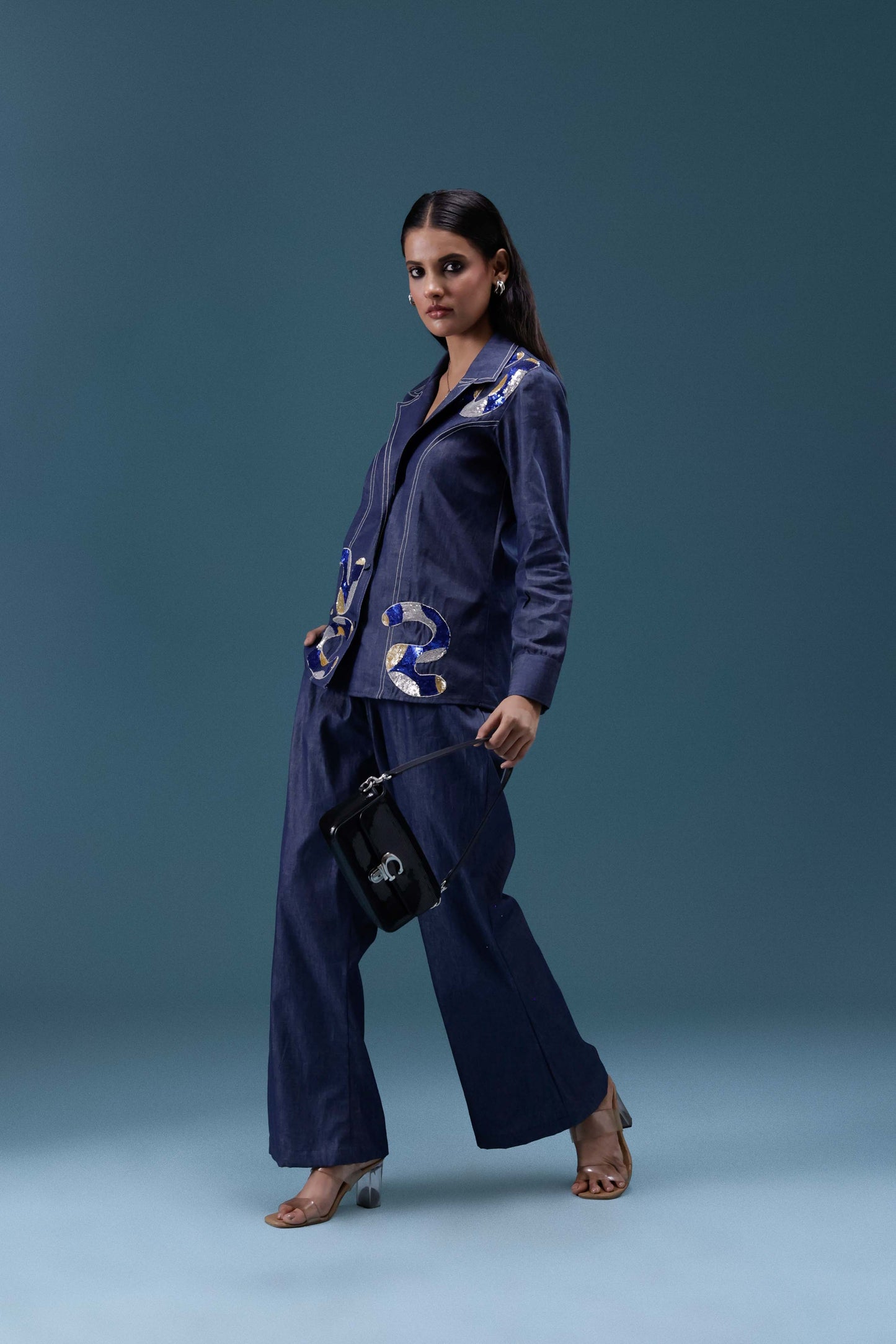 Navy Denim Embellished Co-ord Set