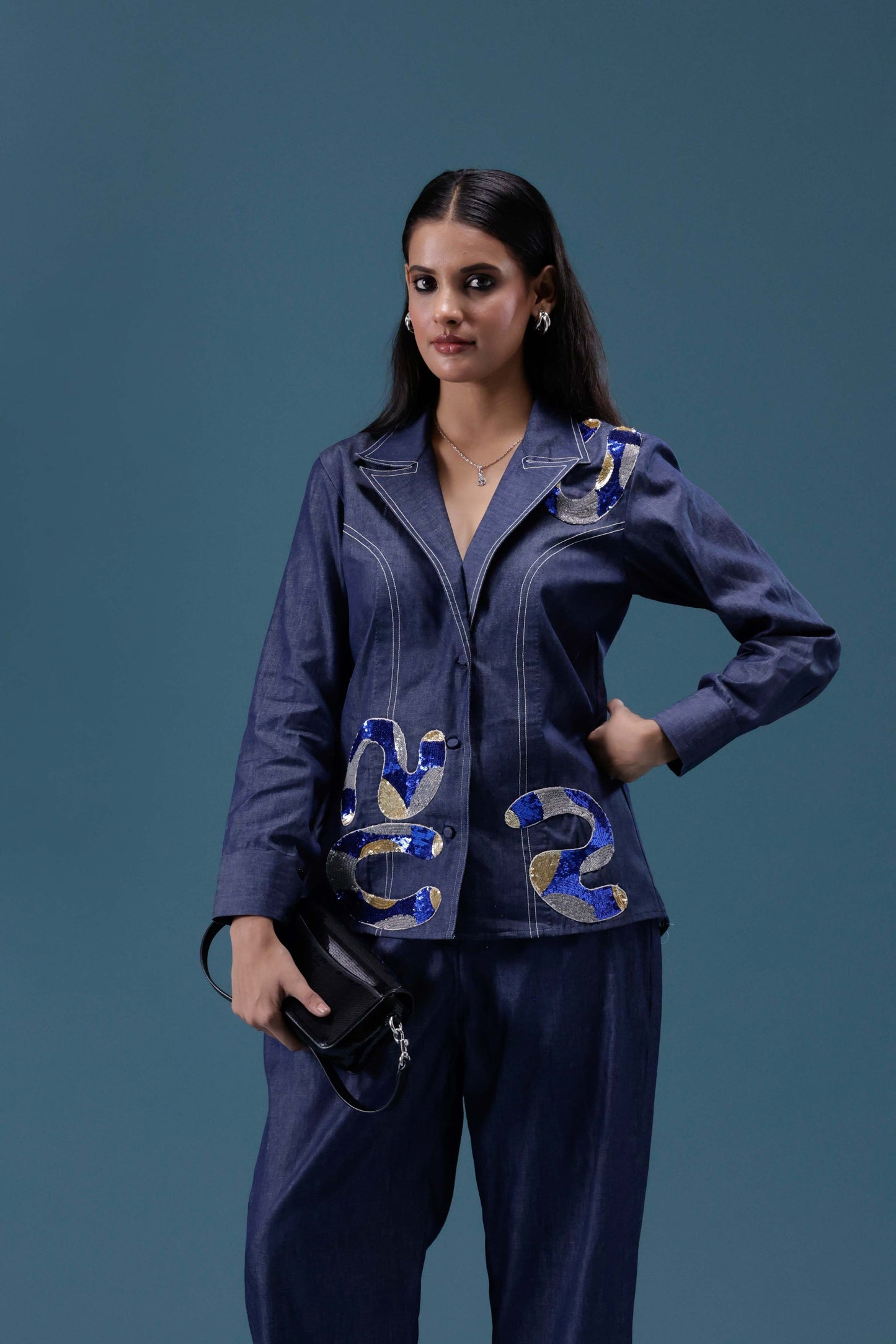 Navy Denim Embellished Co-ord Set