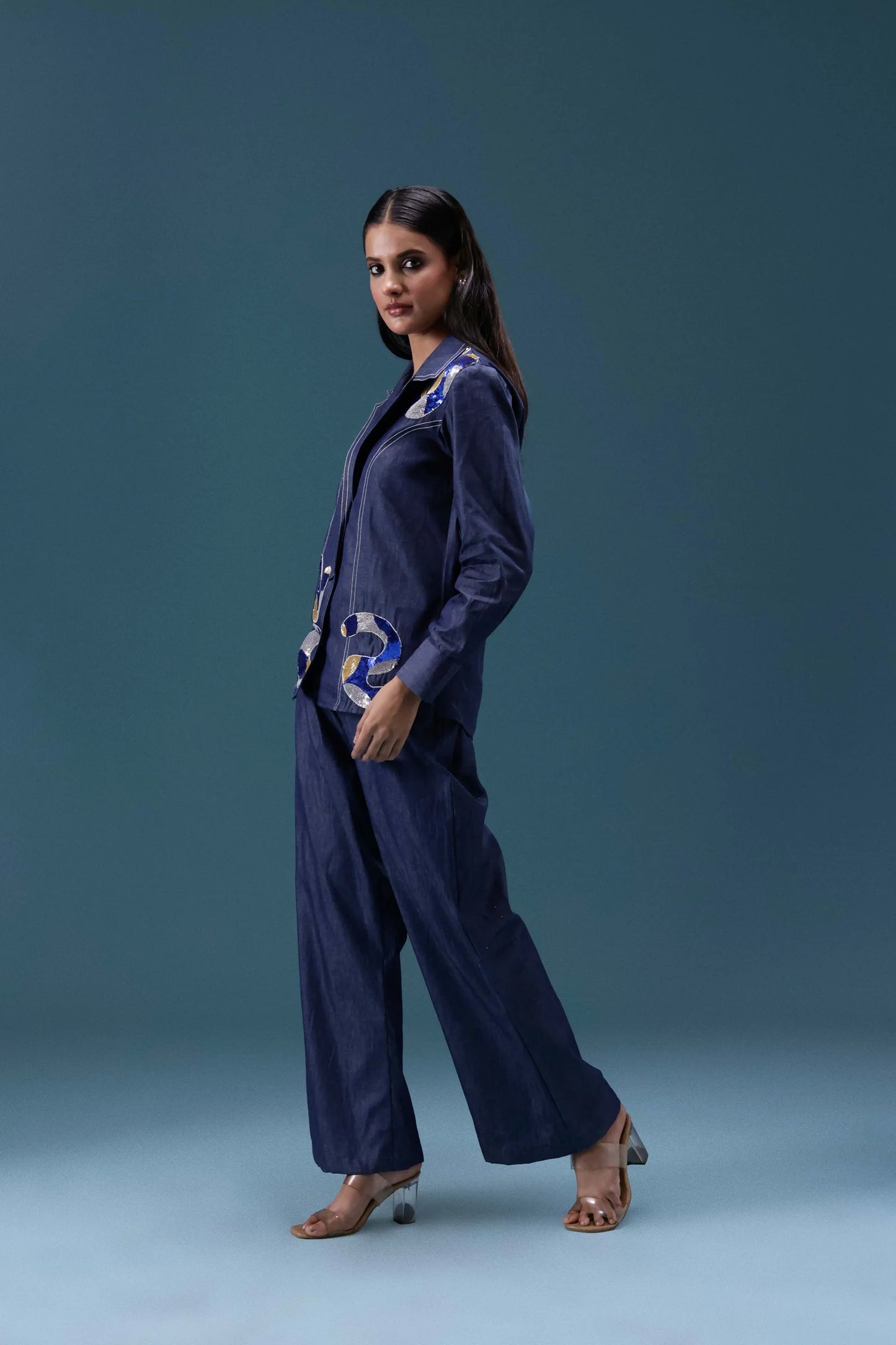 Navy Denim Embellished Co-ord Set