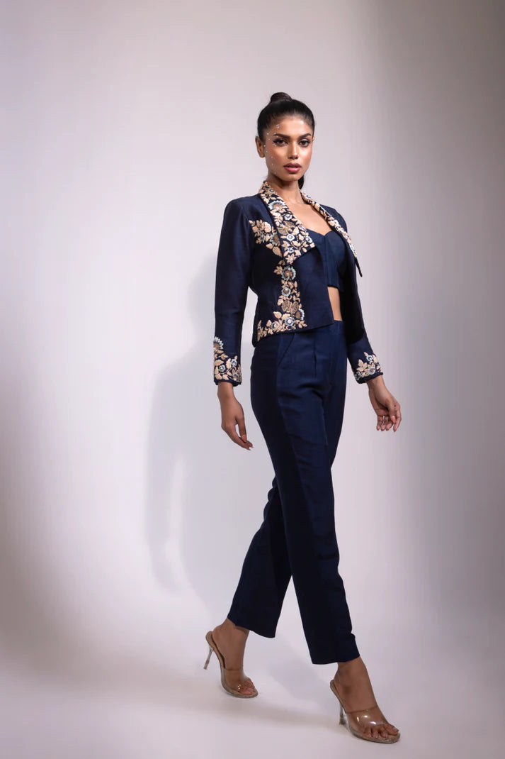 Navy Embroidered Open-Front Jacket with Co-ord Bustier