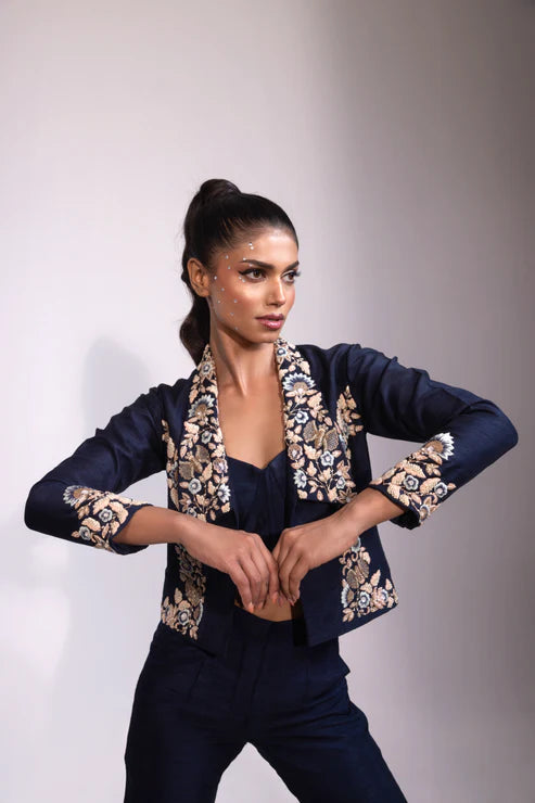 Navy Embroidered Open-Front Jacket with Co-ord Bustier