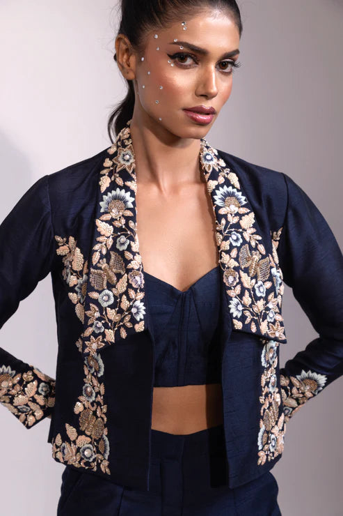 Navy Embroidered Open-Front Jacket with Co-ord Bustier