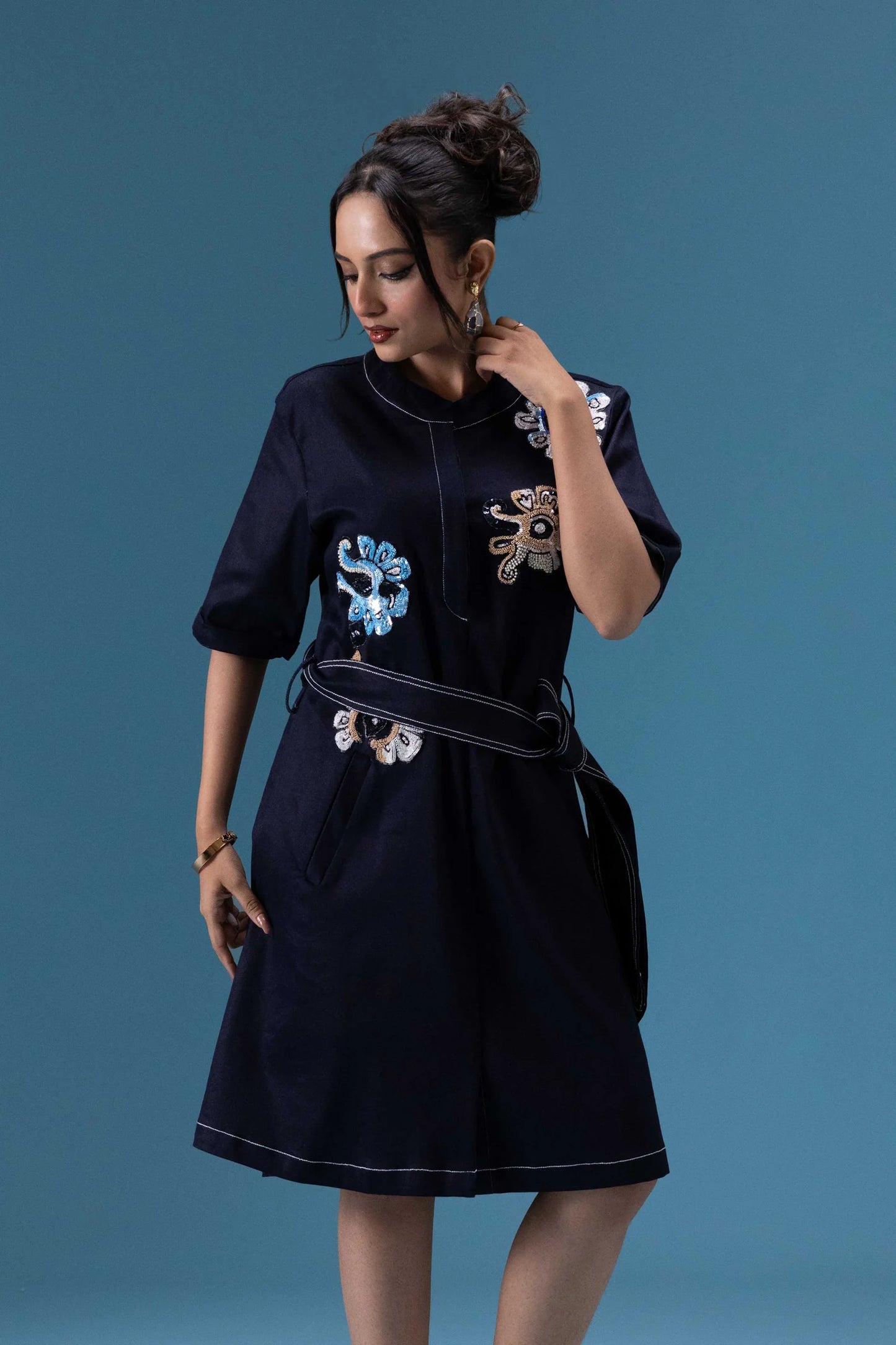 Navy Embroidered Short Dress