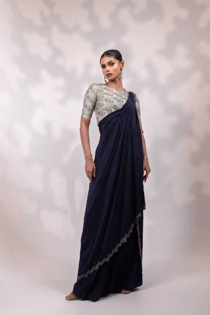Navy Saree with Silver Embroidered Blouse