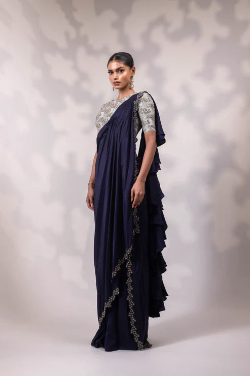 Navy Saree with Silver Embroidered Blouse