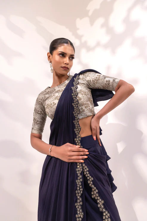 Navy Saree with Silver Embroidered Blouse