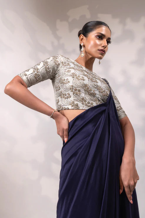 Navy Saree with Silver Embroidered Blouse