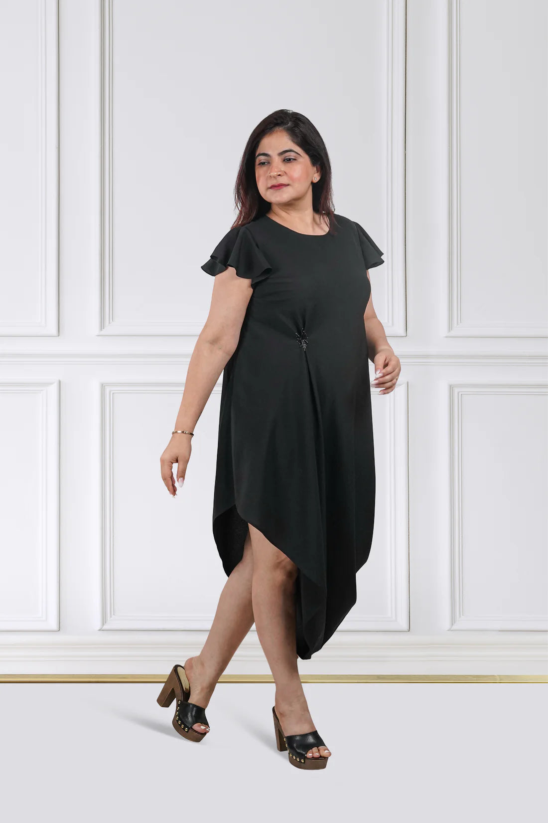 Noir Side-Drape Shift Dress