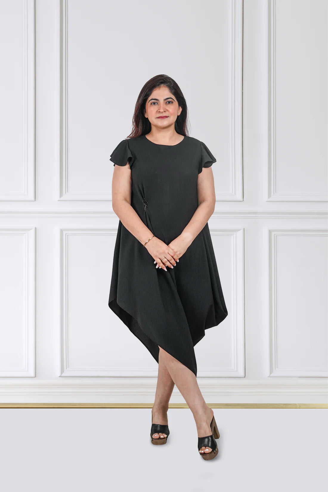 Noir Side-Drape Shift Dress