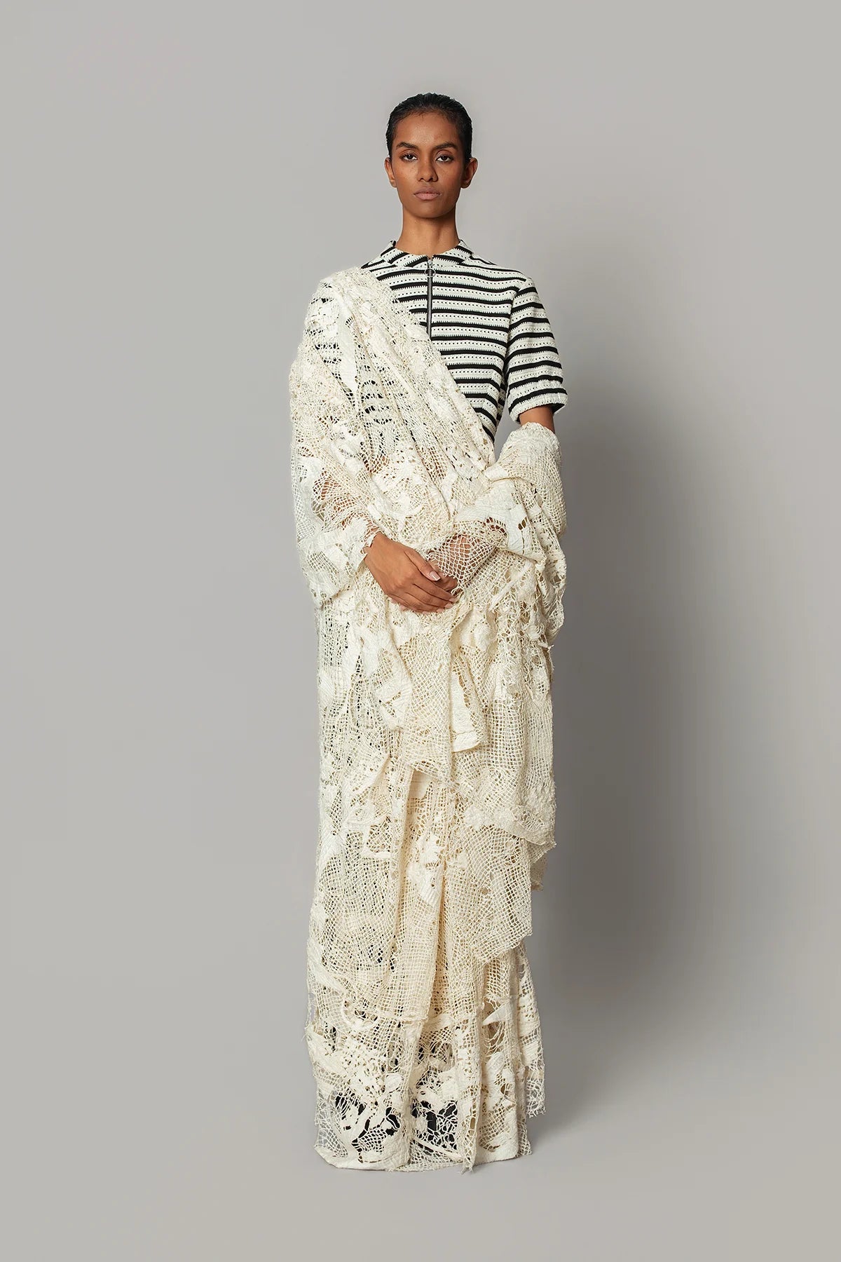 Off-White Map Saree with Knitted Strip Blouse