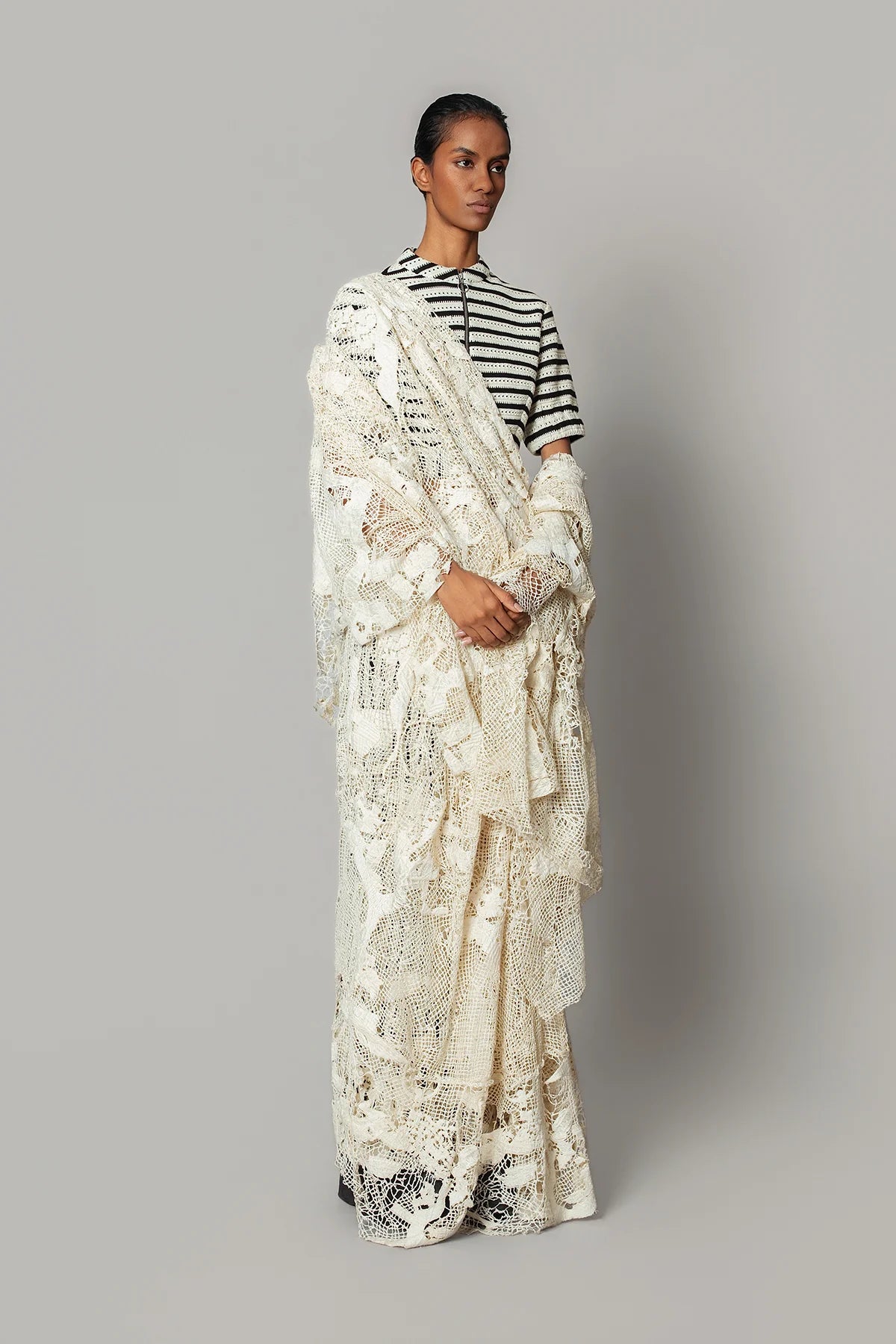Off-White Map Saree with Knitted Strip Blouse