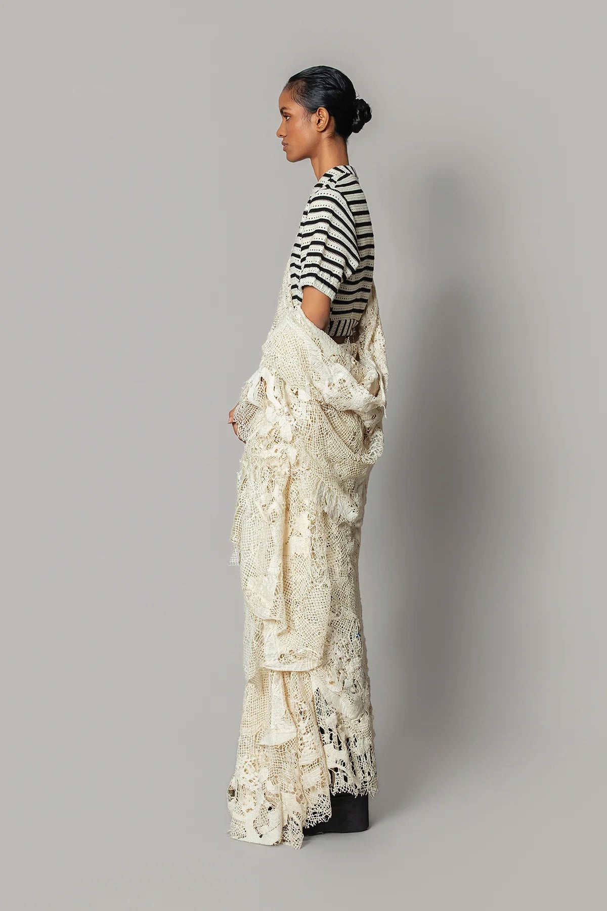 Off-White Map Saree with Knitted Strip Blouse