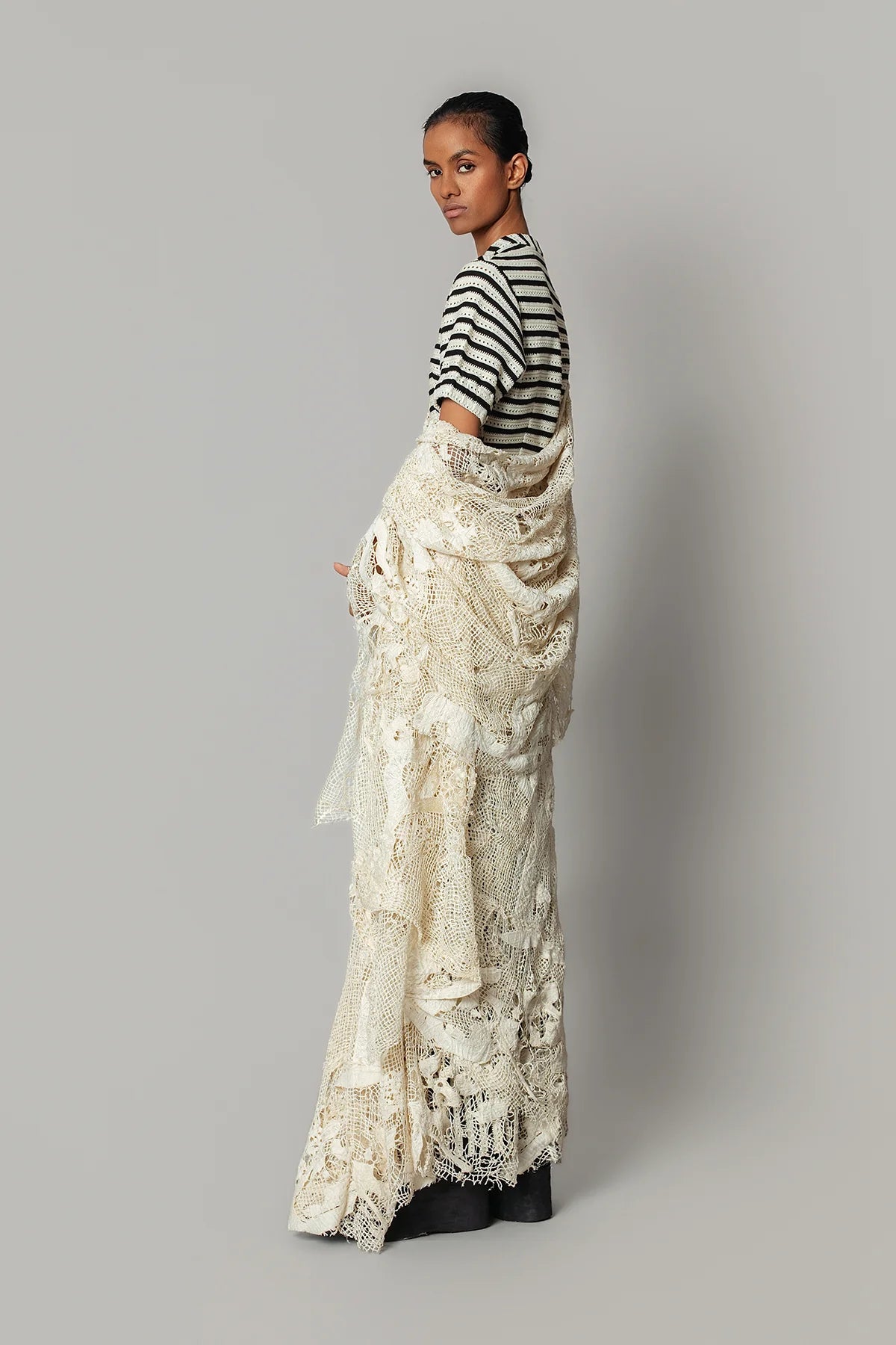 Off-White Map Saree with Knitted Strip Blouse