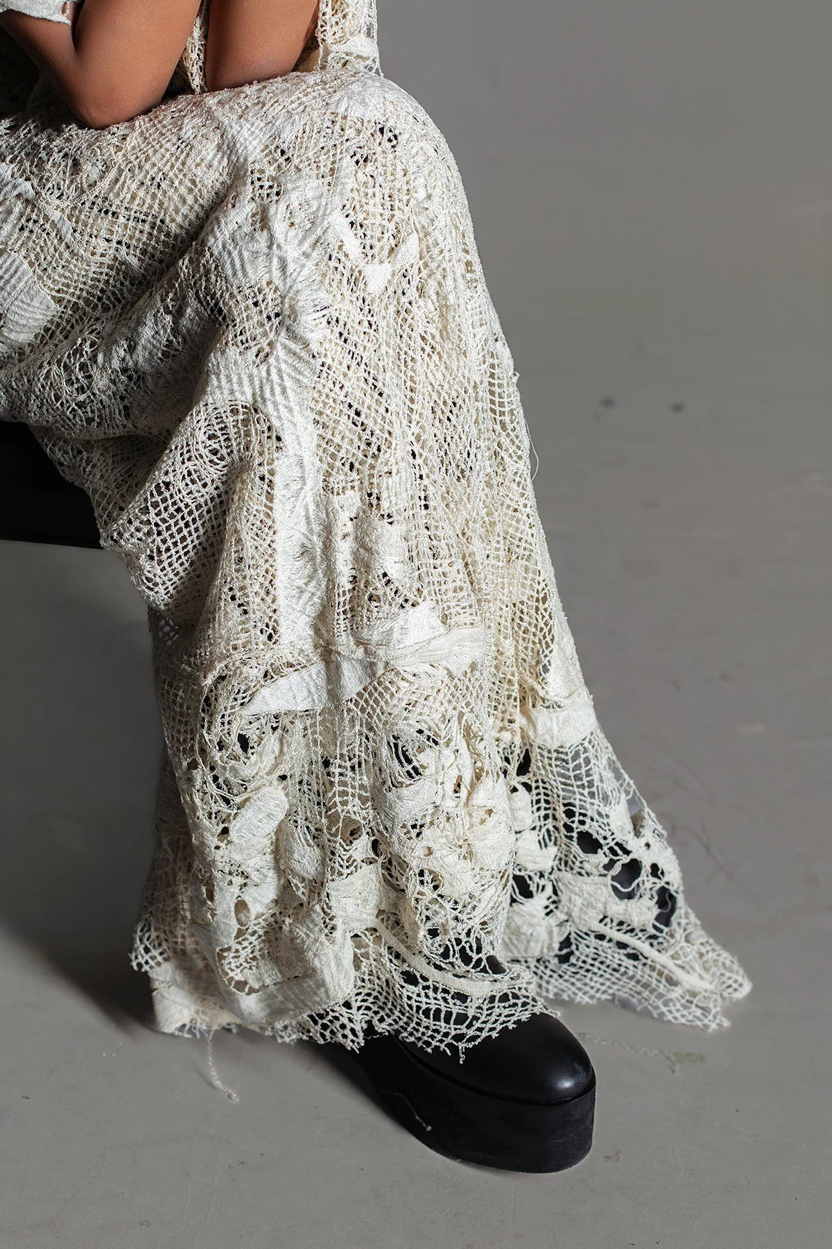 Off-White Map Saree with Knitted Strip Blouse